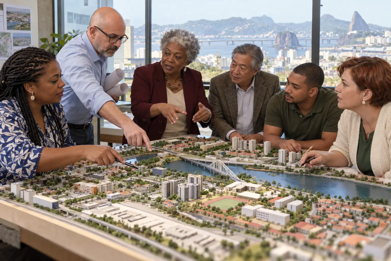 Atores sociais, empresariais, governamentais e acadêmicos trabalham sobre uma maquete física de cidade, com mediação pública.