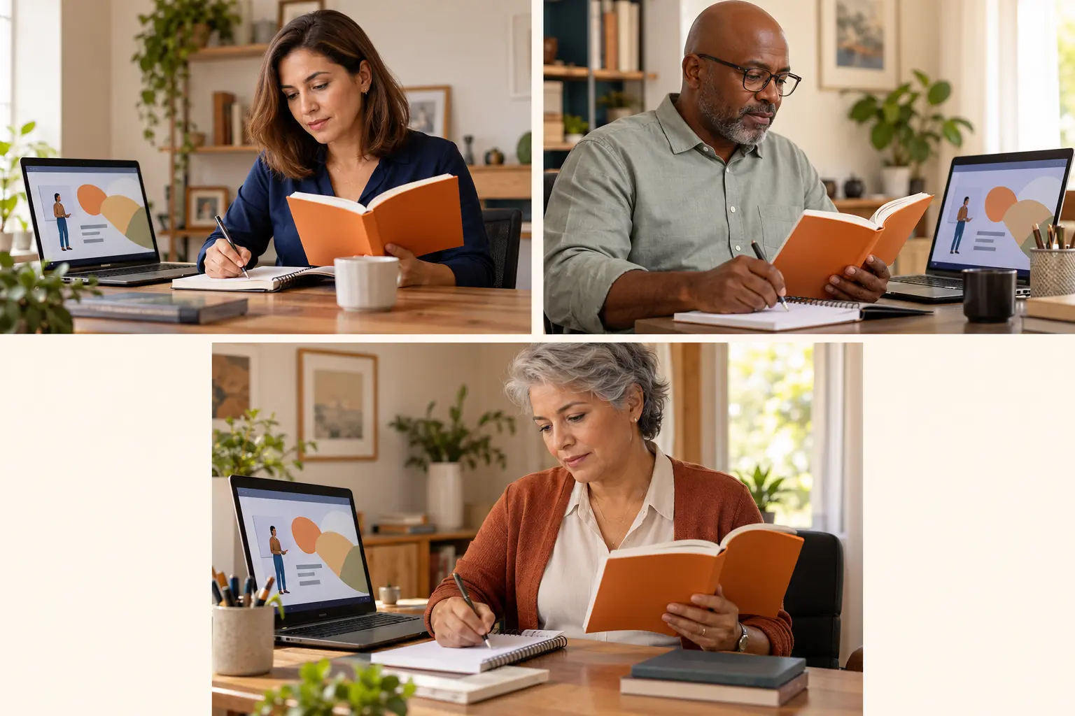 Sensibilização Individual: três profissionais estudam separadamente o mesmo tema, com livros e recursos digitais.